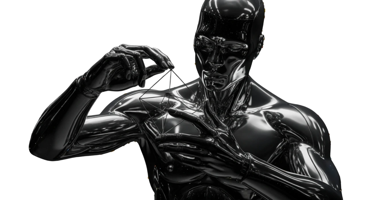 Yapay zeka destekli inovasyonu temsil eden metal robot geometrik obje